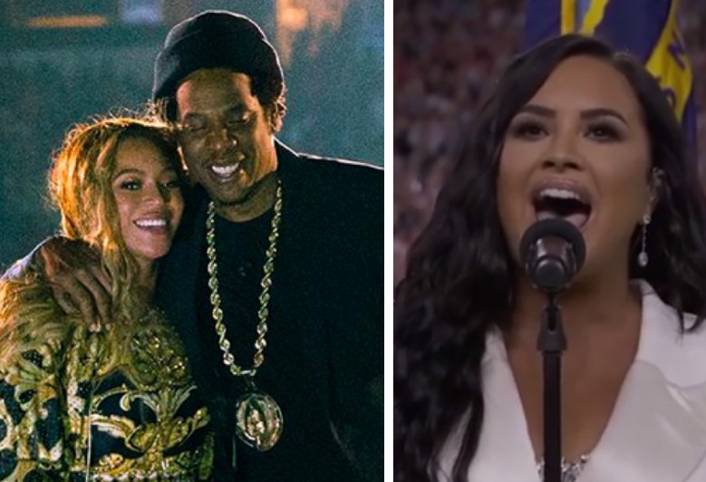 Beyoncé e Jay-Z e Demi Lovato cantando o hino dos EUA no Super Bowl 2020 (Foto: Instagram)