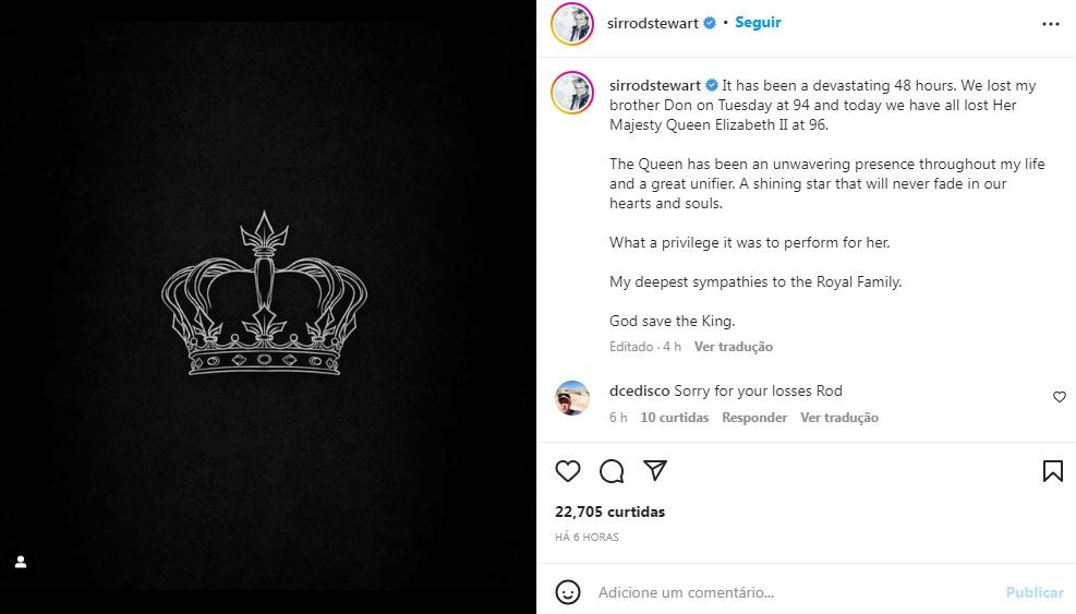 Rod Stewart fala sobre a morte do irmão e da Rainha Elizabeth (Foto: Reprodução / Instagram)