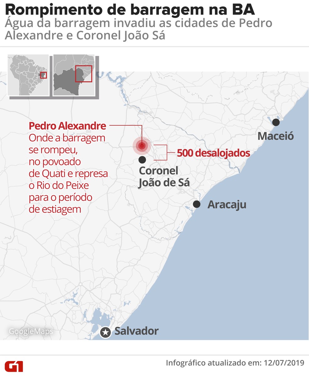 Barragem em cidade na Bahia se rompeu e deixou 500 desalojados — Foto: Arte/G1