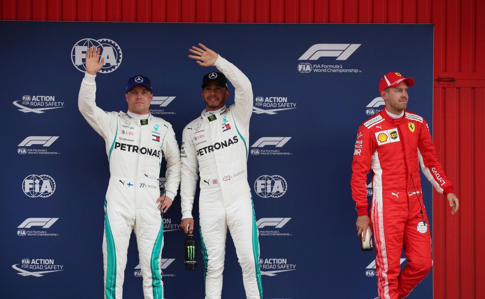 Bottas, Hamilton e Vettel, os trÃªs primeiros do grid em Barcelona (Foto: Reuters)