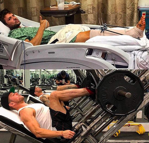 O ator Ryan Phillipe em montagem feita por ele, malhando apenas alguns meses após quebrar uma das pernas (Foto: Instagram)