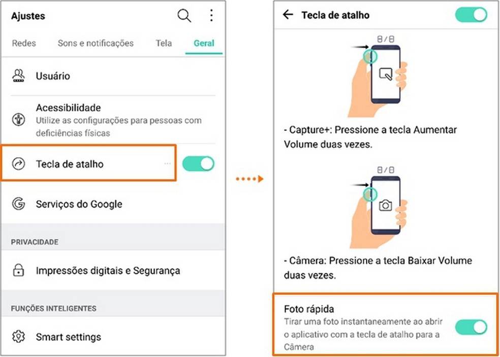 Ativação do atalho para tirar foto com o botão de volume — Foto: Reprodução/LG