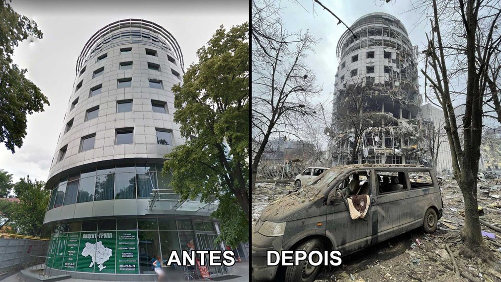 Ataque a bairro civil em Kharkiv deixa prédio destruído; antes em foto de 2015 e depois em 4 de março de 2022. — Foto: Google e Aleph via Twitter