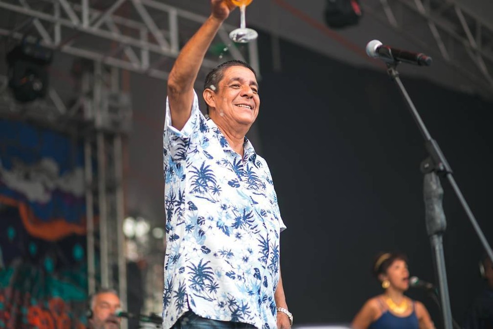 Zeca Pagodinho segura taça com cerveja durante show — Foto: Reprodução/Facebook/Zeca Pagodinho
