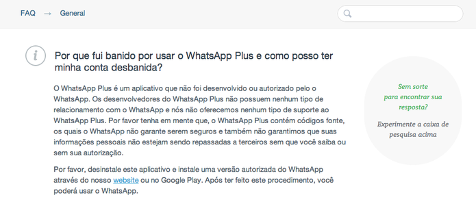 Comunicado do WhatsApp no FAQ do mensageiro explica a ação (Foto: Reprodução/ TechTudo)