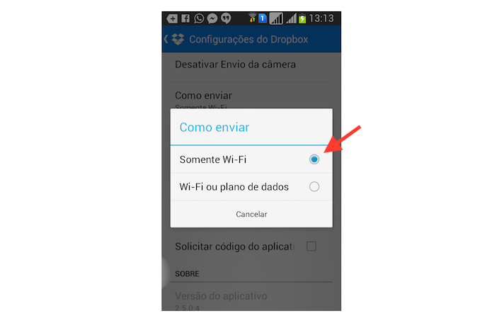Definindo o funcionamento do upload do Dropbox para Android apenas para redes Wi-Fi (Foto: Reprodução/Marvin Costa)