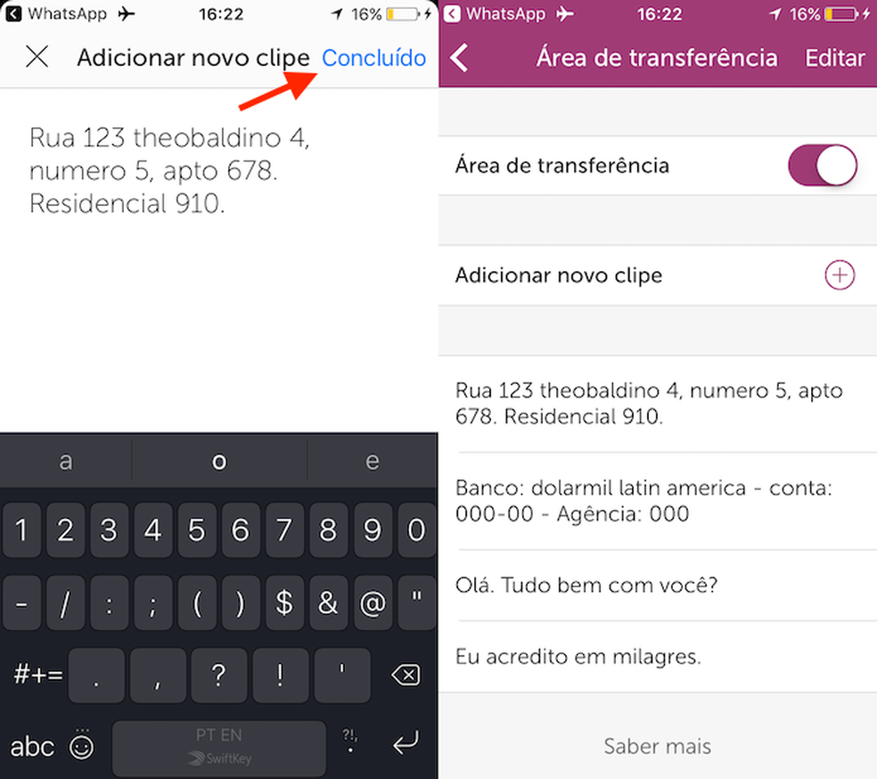 Opção para adicionar um novo texto para usar depois no teclado SwiftKey para iPhone (Foto: Reprodução/Marvin Costa)