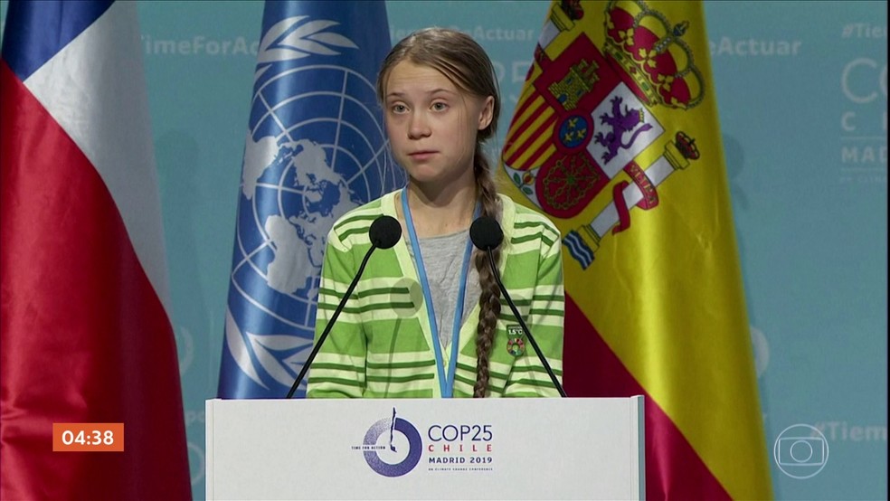 Greta discursa na COP25, em Madri. — Foto: GloboNews