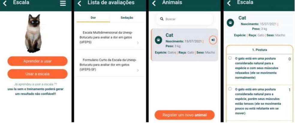 Aplicativo orienta usuário sobre comportamentos de dor de cada espécie animal — Foto: Reprodução