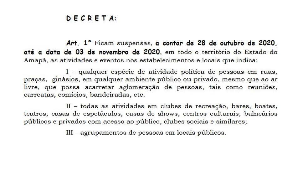 Trecho principal do decreto do governo do Amapá — Foto: Reprodução