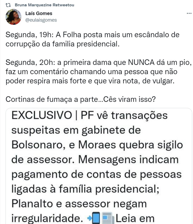 Tweet de fã que acusa Michelle Bolsonaro de cortina de fumaça. A mensagem foi retweetada por Bruna Marquezine (Foto: Reprodução Instagram)