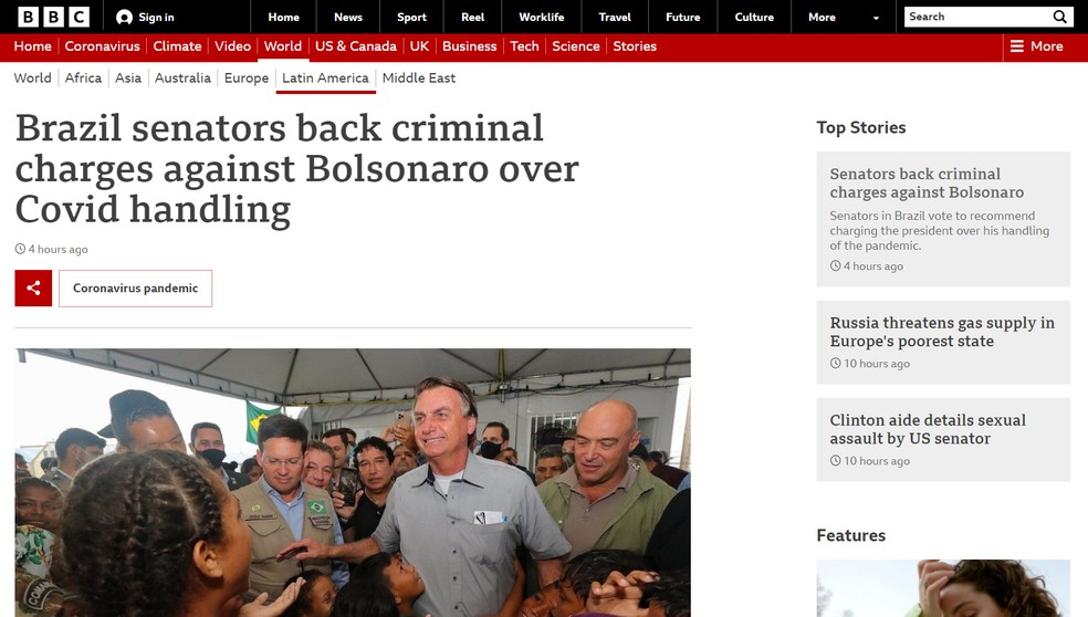 CPI da Covid: imprensa internacional destaca acusações contra Bolsonaro — Foto: Reprodução/BBC