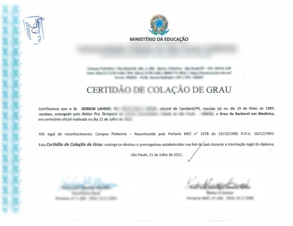 Diploma falso de Gerson Lavísio — Foto: Reprodução