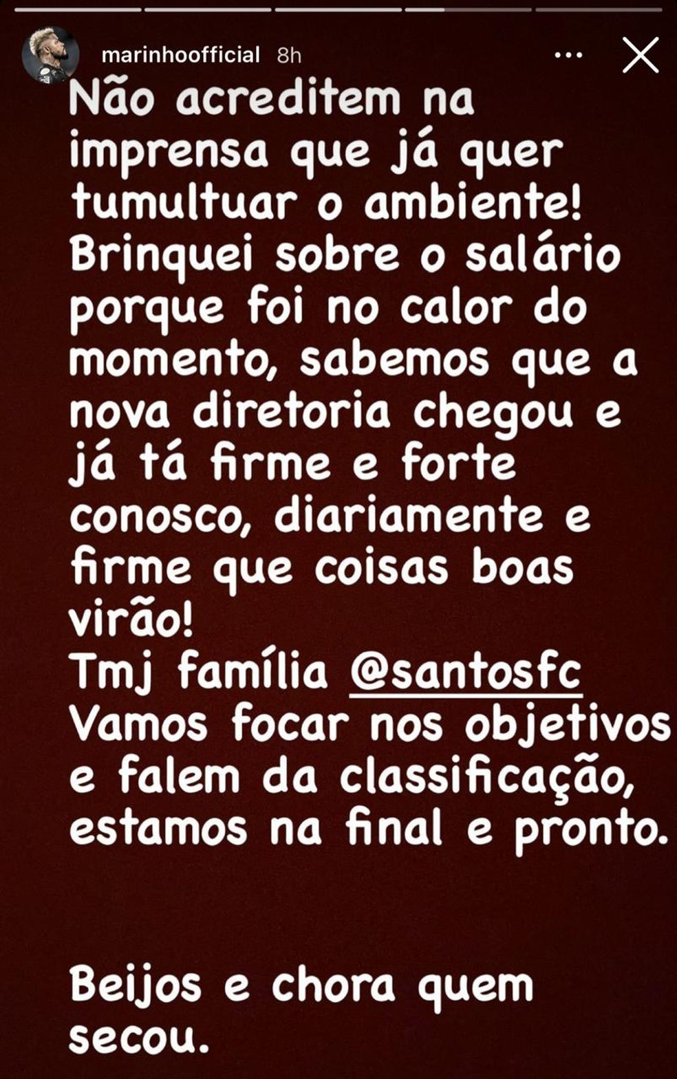Marinho diz que "brincou" ao cobrar salários no Santos e culpa imprensa por repercussão — Foto: Reprodução/Instagram
