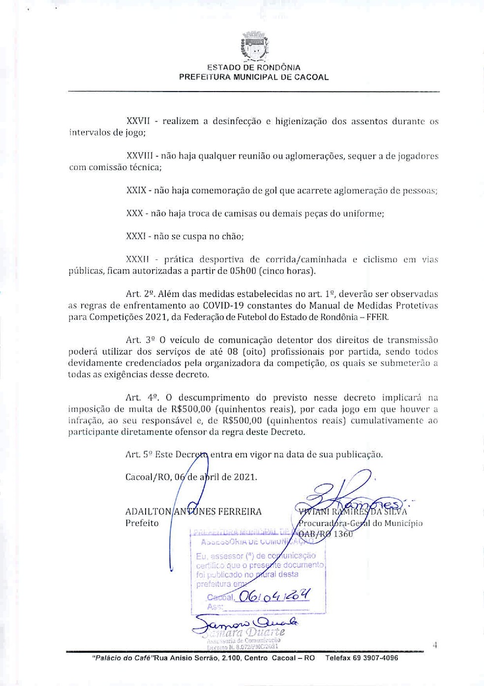 Decreto de Cacoal liberando atividades profissionais (Foto: Divulgação)