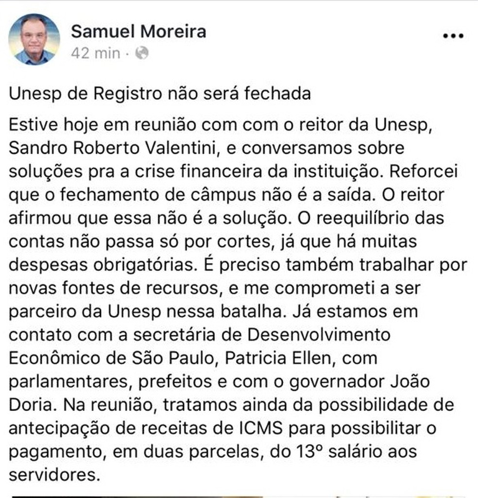 Deputado federal Samuel Moreira (PSDB) faz publicação garantindo que campus da Unesp em Registro (SP) não será fechado — Foto: Reprodução/Facebook