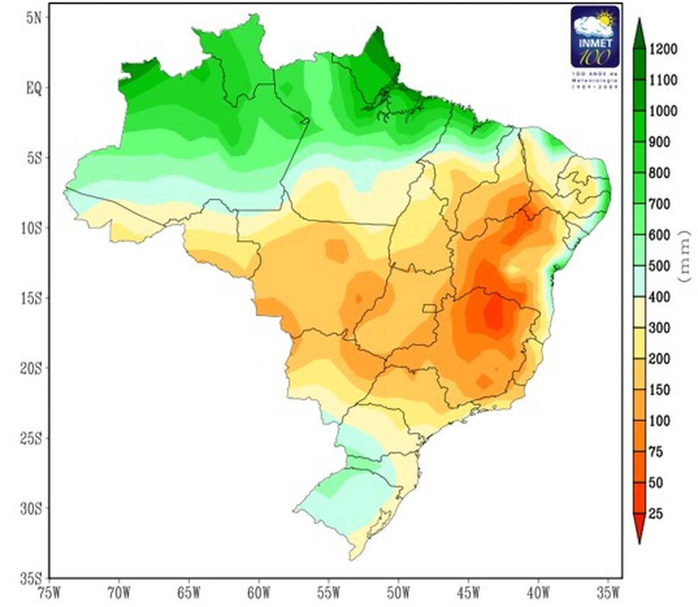 Mapa do Inmet mostra índices de chuva registrados historicamente no outono no Brasil — Foto: Inmet/Divulgação