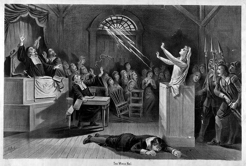 Ilustração mostra suposta bruxa lançando um feitiço em pleno julgamento: repare no cavalheiro à direita, prestes a desembainhar sua espada  (Foto: Wikimedia Commons)