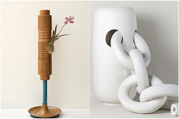 À esquerda, peça da linha Carbono, de Patrick Fornali e, ao lado, vaso da coleção Umbilicais, de Claudia Issa, para a Konsepta Design (Foto: Montagem Casa e Jardim / Divulgação)