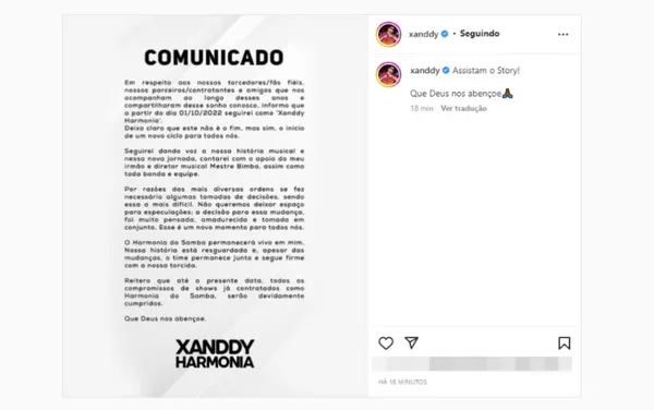 Xanddy anuncia fim do Harmonia do Samba e início de carreira solo — Foto: Reprodução/Redes Sociais
