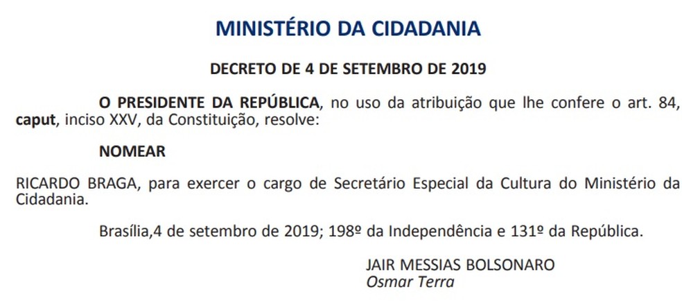 Decreto do presidente Jair Bolsonaro nomeando novo secretário de Cultura do Ministério da Cidadania — Foto: Reprodução/'Diário Oficial'