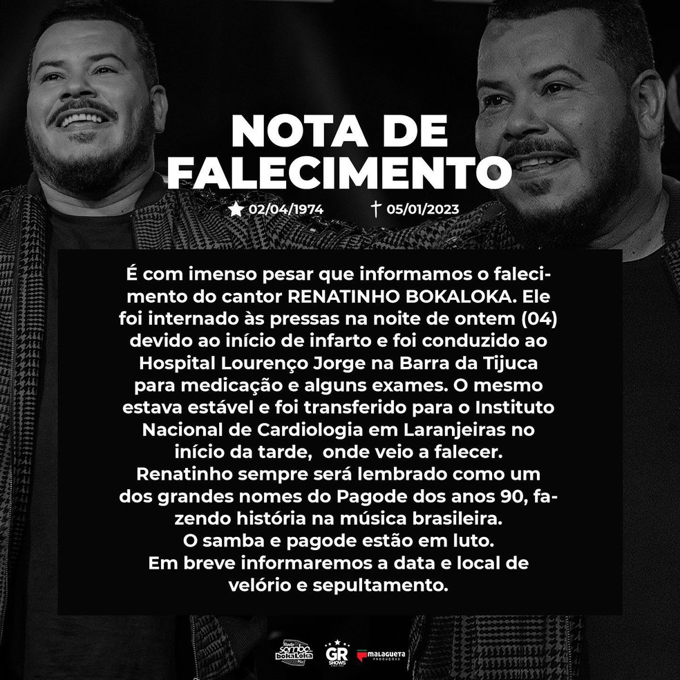 Comunicado oficial sobre a morte de Renatinho Bokaloka  Foto: Reproduo/Instagram