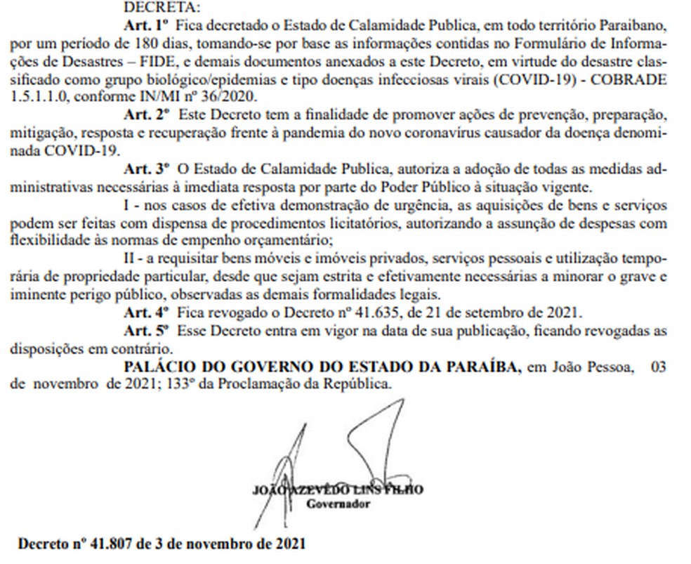 Governo da Paraíba decreta estado de calamidade pública por causa da Covid-19 por mais seis meses — Foto: DOE/Reprodução