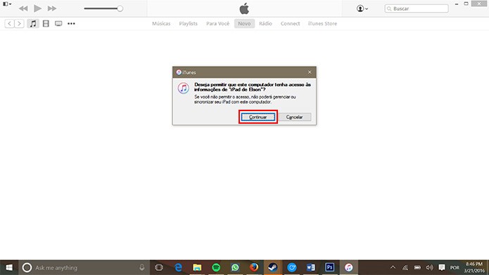 iTunes pedirá permissão para acessar dispositivo do usuário (Foto: Reprodução/Elson de Souza)