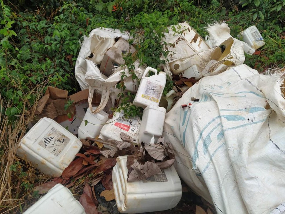 A polícia também encontrou galões de defensivos agrícolas com validade vencida e abandonados em uma área de mata.  — Foto: Polícia Civil 
