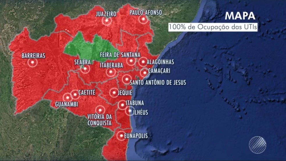 Hospitais de 16 cidades baianas estão com 100% de ocupação de leitos de UTI para Covid-19 — Foto: Reprodução / TV Bahia