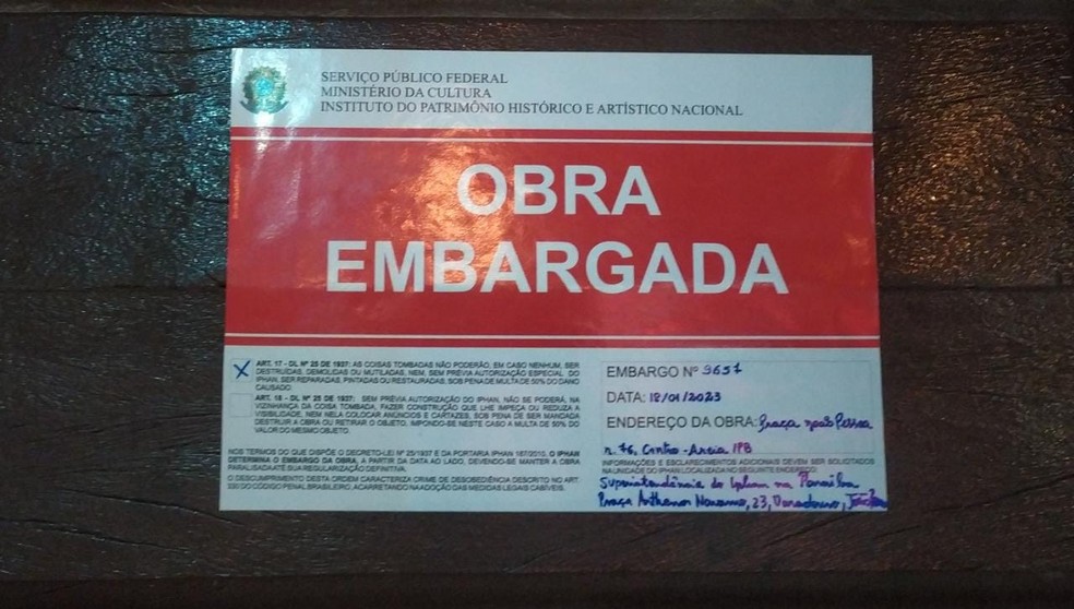 Obra de Areia é embargada pelo Iphan — Foto:  Ewerton Correia/TV Paraíba