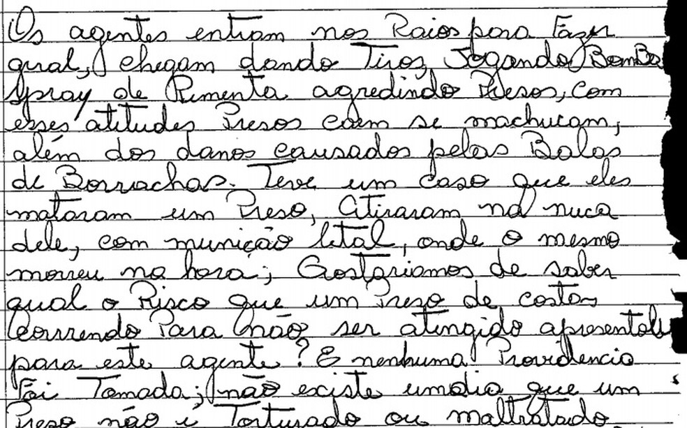 Em trecho da carta, detentos denunciam maus tratos dentro da PCE â€” Foto: ReproduÃ§Ã£o