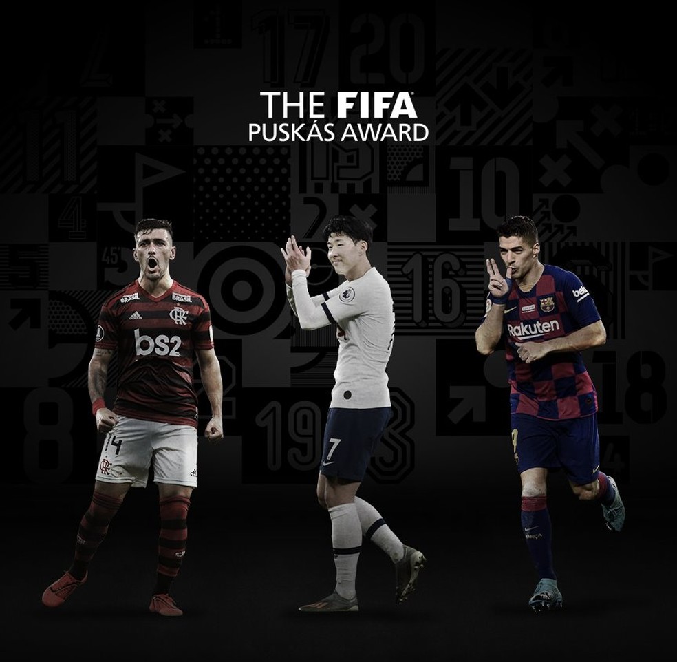 Arrascaeta, Son e Luis Su&aacute;rez finalistas do Pr&ecirc;mio Pusk&aacute;s do Fifa The Best &mdash; Foto: Reprodu&ccedil;&atilde;o