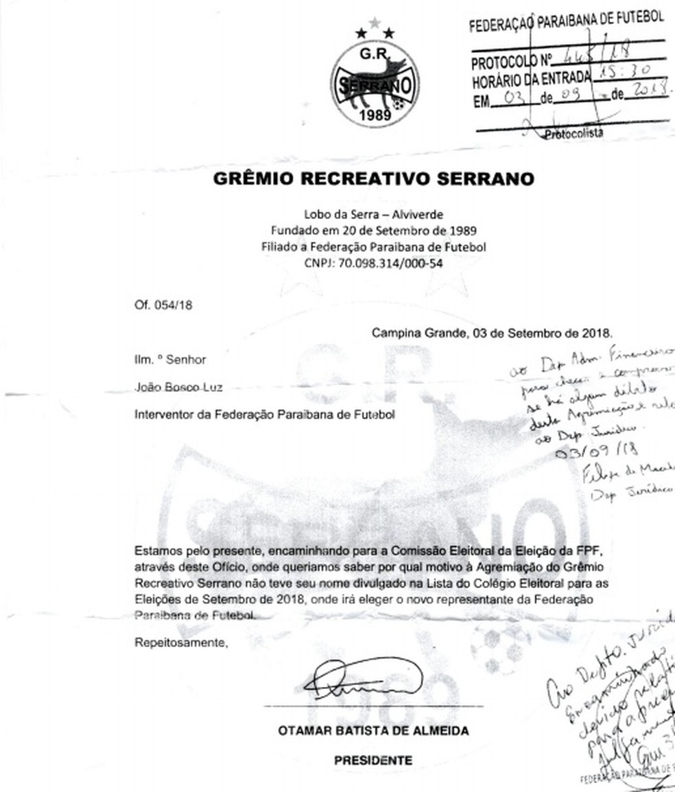 Ofício do Serrano-PB endereçado à FPF — Foto: Reprodução