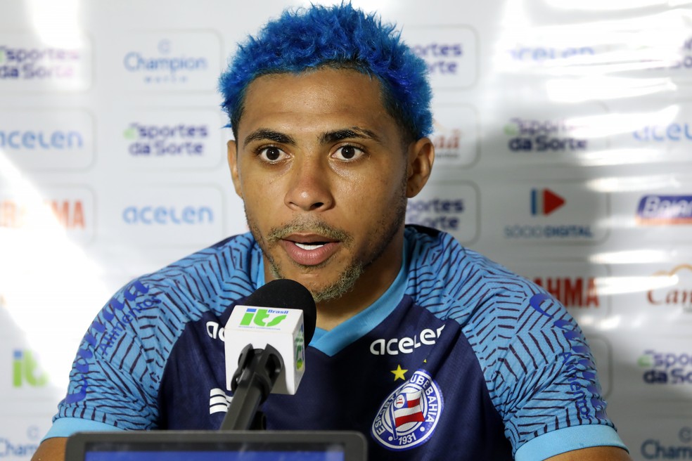 Jacaré, atacante do Bahia, em entrevista coletiva — Foto: Felipe Oliveira/EC Bahia