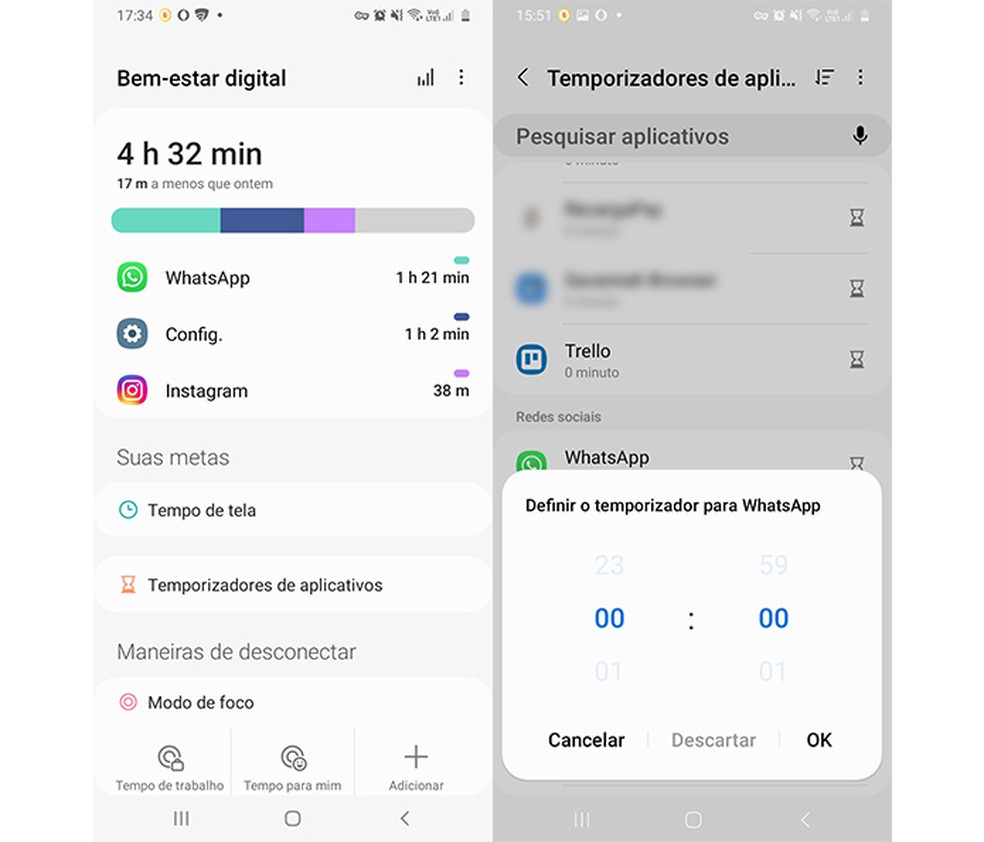 Recursos nativos em celulares Android e iOS permitem definir tempo de uso do WhatsApp e outros apps. — Foto: Reprodução/Marcela Franco