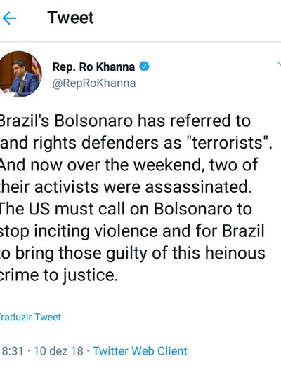 twitter-ro-khanna-bolsonaro (Foto: Reprodução/Twitter)