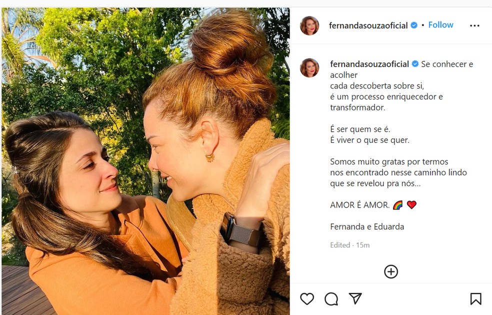 Post de Fernanda Souza com a namorada Eduarda — Foto: Reprodução
