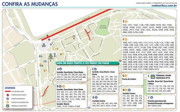 Veja as onde ficarão os pontos de cada linha de ônibus (Foto: Divulgação)