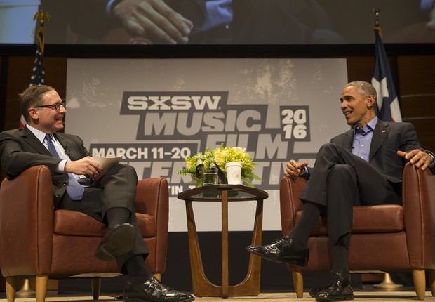 O então presidente Barack Obama participa de uma conversa durante a conferência do festival SXSW em 2016 (Foto: Getty Images)
