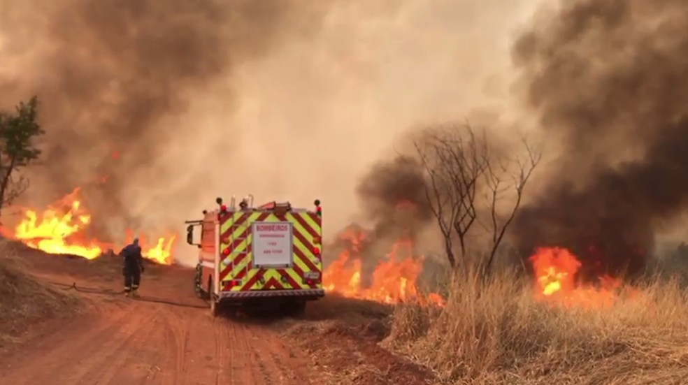 Bombeiros trabalhando para apagar incêndio na área do antigo Instituto Penal Agrícola  — Foto: Arquivo pessoal 