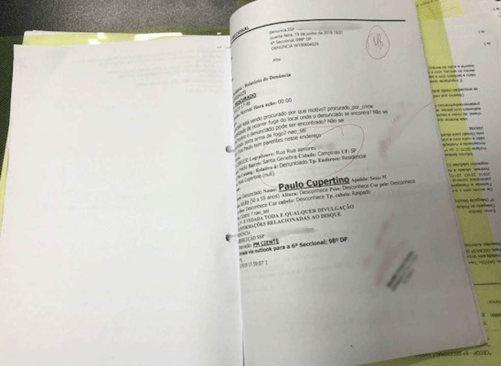 Documento mostra uma das quase 300 denúncias sobre possíveis paradeiros de Paulo Cupertino que foram checadas pela polícia de São Paulo — Foto: Kleber Tomaz/G1
