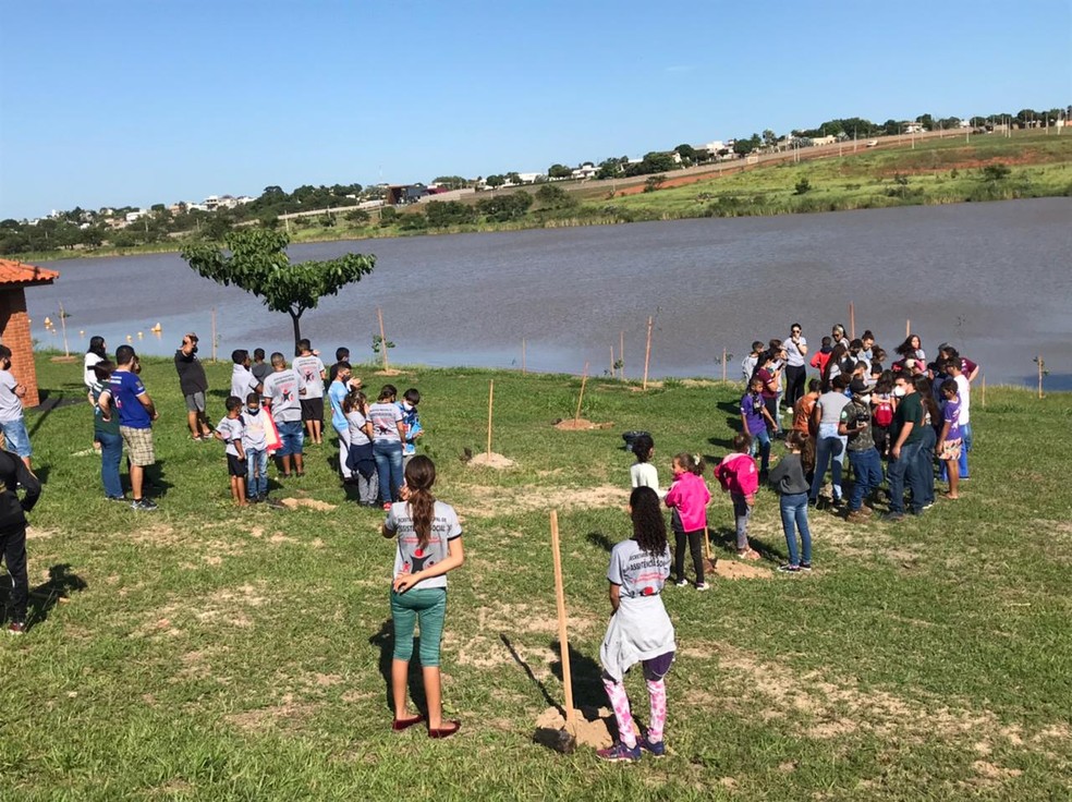Plantio de mudas de árvores celebrou o Dia Mundial da Água, no Balneário da Amizade, em Presidente Prudente (SP), nesta terça-feira (22) — Foto: Isabela Gomes/Secom
