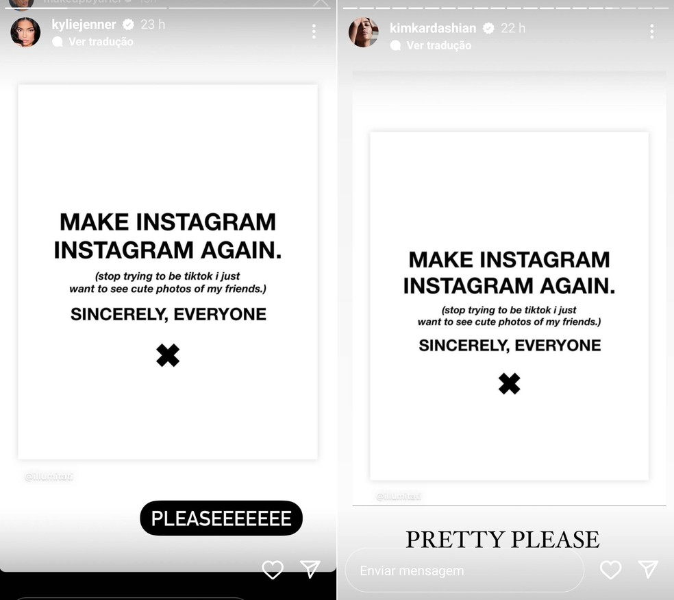 Kylie Jenner e Kim Kardashian compartilham postagem com crítica ao Instagram — Foto: Reprodução/Instagram