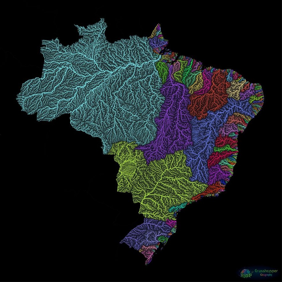 HÃºngaro registrou diversidade da rede fluvial brasileira em cores vivas, em uma galeria que reÃºne mais de 100 partes do mundo â Foto: Grasshoppergeography.com