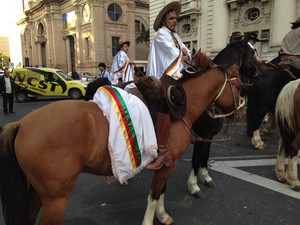 Bento, o cavalo de Nico, encilhado em frente ao Palácio Piratini (Foto: Leo Urnauer/RBS TV)