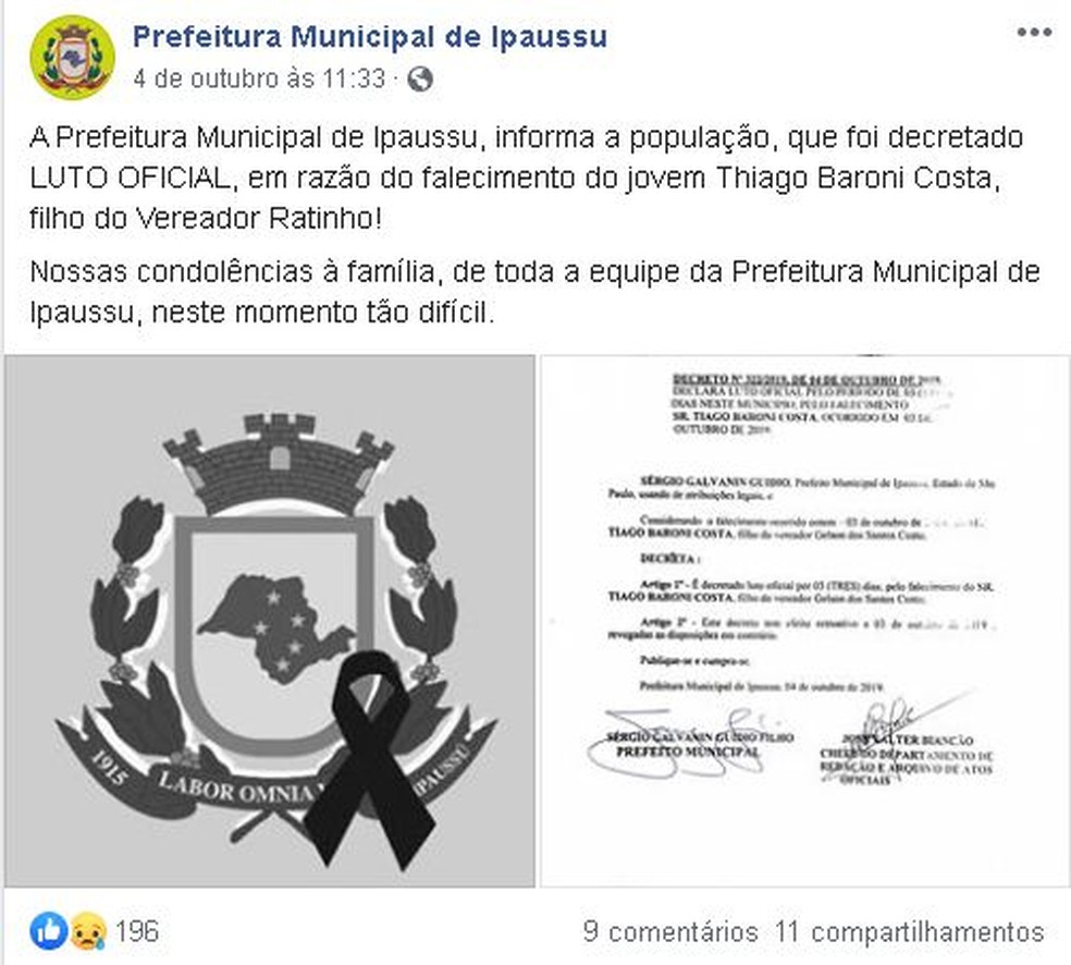 Prefeitura decretou luto oficial após a morte do adolescente; exame apontou que ele morreu em decorrência da febre maculosa em Ipaussu — Foto: Facebook/ reprodução 