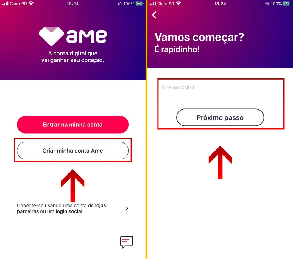 Selecione "Criar minha conta Ame" e, em seguida, digite o CPF ou CNPJ e clique em "Próximo passo" — Foto: Reprodução/Leandro Eduardo