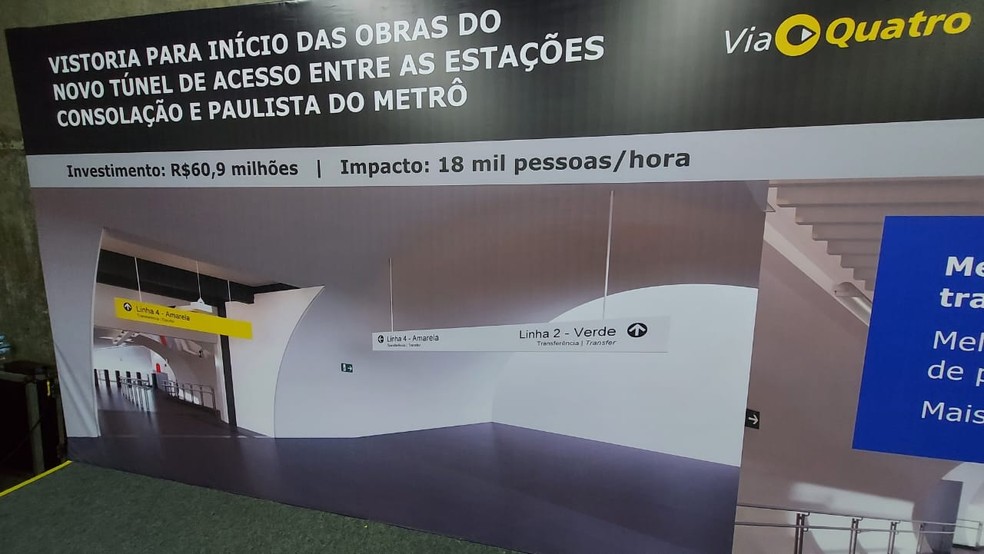 Projeto de novo túnel de transferência de passageiros entre as estações Consolação (Linha Verde) e Paulista (Linha Amarela) do Metrô. — Foto: Rodrigo Rodrigues/g1