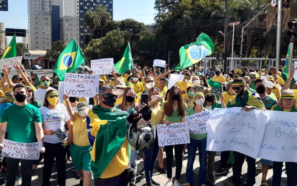 Manifestantes durante protesto em defesa do presidente Jair Bolsonaro, neste domingo (1º), em Goiânia, Goiás — Foto: Iron Júnior/TV Anhanguera